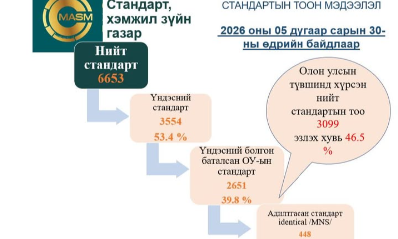 Өнөөдрийн байдлаар Монгол Улсад нийт 6653 стандарт хүчин төгөлдөр мөрдөгдөж байна. Үүнээс 3554 нь үндэсний стандарт бөгөөд нийт стандартын 53.4 хувийг эзэлж байна.